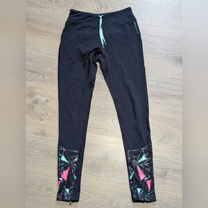 Elle Sport Black Leggings Zipper Calf Geometric Pattern Women's Size 8